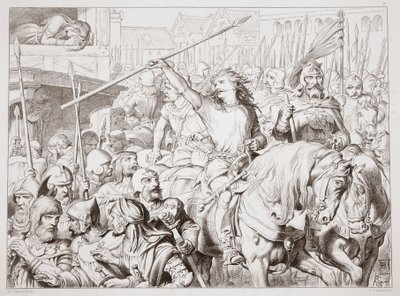 كيف حولت هيروارد بيرسركر ، رسم توضيحي من هيروارد العظيم بقلم تشارلز كينغسلي ، الحانة. عام 1870 ، نقشها سي جي لويس (نقش ألواح الصلب) بواسطة هنري كورتني سيلوس