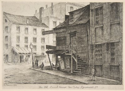 بيت الشاطئ القديم ، زاوية شوارع سيدار وجرينويتش من مشاهد من نيويورك القديمة ، 1874. بواسطة هنري فارر