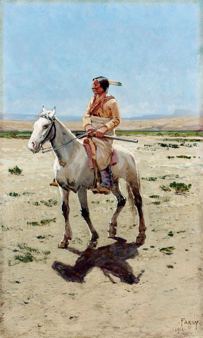 كشافة الشايان هندي على ظهر حصان مع بندقية. لوحة رسمها هنري فرانسوا فارني (1847-1916) بواسطة هنري فرانسوا فارني