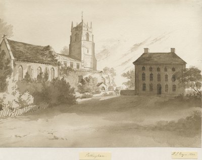 كنيسة باتينجهام و Vicarage House: رسم غسل بني داكن ، 1844 بواسطة هنري جيمس نويز