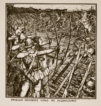 فوز الرماية الإنجليزية في Agincourt ، التوضيح من "تاريخ إنجلترا" بواسطة CRL Fletcher و Rudyard Kipling ، 1911 بواسطة هنري العدل فورد