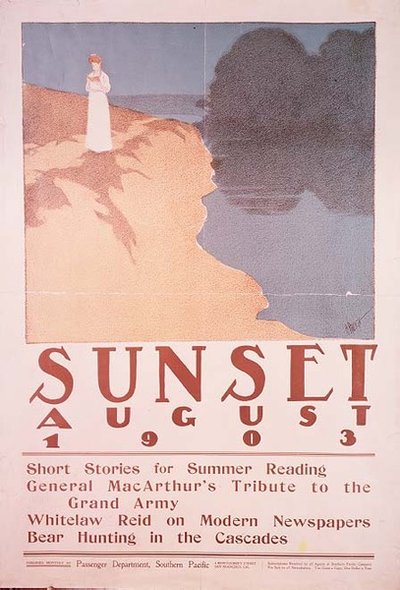 رسم توضيحي لغلاف مجلة Sunset ، أغسطس 1903 (لون ليثو) بواسطة هنري باتريك رالي