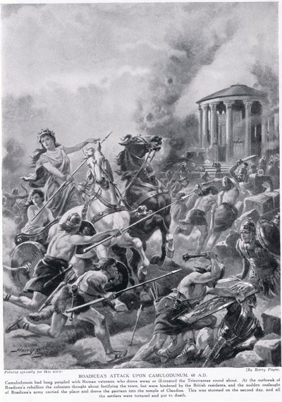 هجوم Boadicea على Camulodunum ، توضيح من `` تاريخ الأمم في Hutchinson &39;&39; ، ج .1910 بواسطة هنري باين