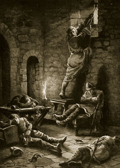 هروب رالف فلامبارد من البرج ، رسم توضيحي من "قصة هتشنسون للأمة البريطانية" ، ص 1920. بواسطة هنري باين