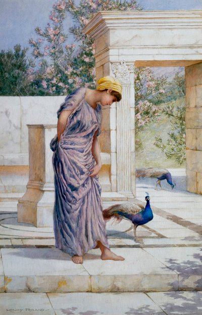 "الصيف هنا" امرأة شابة ملفوفة وطاووس على شرفة رخامية عتيقة. لوحة رسمها هنري ريلاند (1856-1924) (كلاسيكية) بواسطة هنري ريلاند