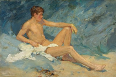 ذكر عاري يتكئ على الصخور بواسطة Henry Scott Tuke