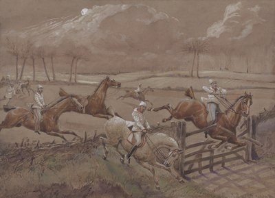 الحقل الأخير بالقرب من Nacton Heath ، اللوحة 3 ، من The First Steeple Chase on Record ، محفورة بواسطة J. Harris ، طبعها أكرمان ، لندن عام 1839 (ألوان مائية) بواسطة هنري توماس الكين