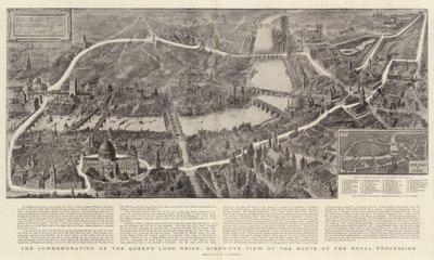 إحياء ذكرى عهد الملكة الطويل ، منظر عين الطائر لمسار الموكب الملكي بواسطة Henry William Brewer