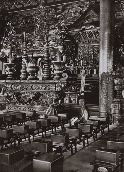 Interior of a Buddhist Temple (b/w photo) بواسطة هربرت بونتينج