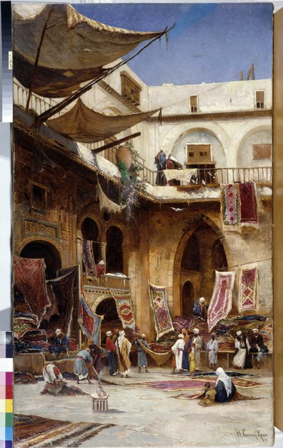 تاجر سجاد في شوارع حي استانبول باسطنبول. ديك رومى. لوحة رسمها هيرمان ديفيد سالومون كورودي (1844-1905) سم 110x81 زيت على قماش ذكر إلزامي: مجموعة تحيات مؤسسة بروفانس مرسيليا بواسطة هيرمان ديفيد سالومون كورودي