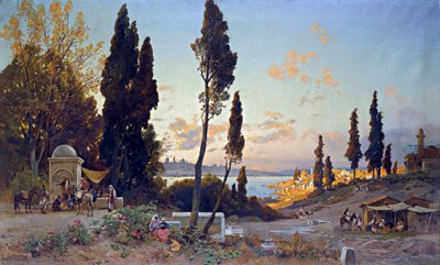 Vue du Bosphore a Constantinople - Peinture de Hermann David Salomon Corrodi (1844-1905) ، الاستشراق - مناظر عبر مضيق البوسفور ، القسطنطينية - زيت على قماش رسمه هيرمان ديفيد سالومون كورودي (1844-1905) - 100x166،5 سم - مجموعة خاصة بواسطة هيرمان ديفيد سالومون كورودي