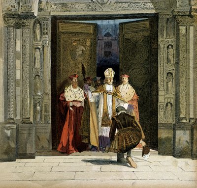 نبذ هنري الرابع (1553-1610) في دير القديس دينيس في حضور قوس بورج ، رينود دي بون (1527-1606). نبذ الملك البروتستانتية في 25 يوليو 1593. رسم هرمان فوغل (1856-1918) في "" هنري الرابع " بواسطة هيرمان فوجل