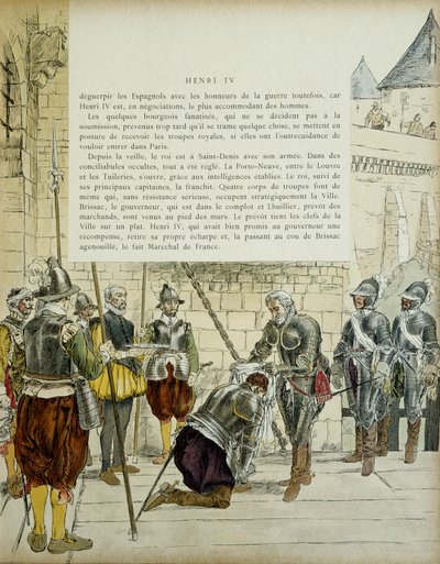 شارل الثاني من كوسي بريساك (كوز بريساك) (1562-1621 أو 1626) جعل مارشال فرنسا بواسطة هنري الرابع (1553-1610) قبل دخول باريس في 22 مارس 1594. وقفة التجار جان لويلييه (؟) مفاتيح المدينة. التوضيح 1907 بواسطة هيرمان فوجل