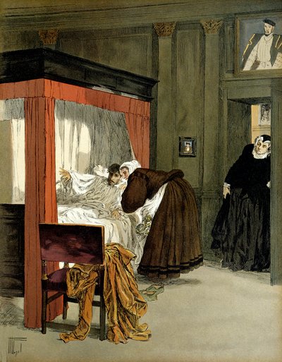 توفي تشارلز التاسع (1550-1574) ملك فرنسا مع ممرضته. رسم إيضاحي لهيرمان فوجل (1856-1918) في "" هنري الرابع " بواسطة هيرمان فوجل
