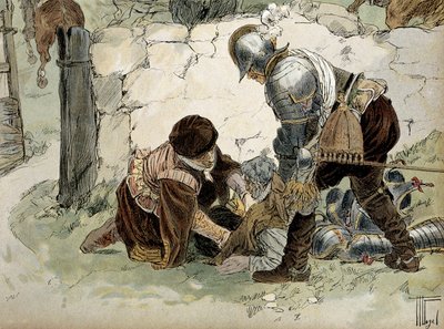 أصيب هنري الرابع (1553-1610) خلال استطلاع في أومالي ضد جيش مايين. رسم إيضاحي لهيرمان فوجل (1856-1918) في "" هنري الرابع " بواسطة هيرمان فوجل