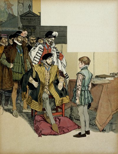 The King of France Henri II (1519-1559) surrounded by his gentlemen likes to question Henry IV (1553-1610) as a child for his reparts. Illustration by Hermann Vogel (1856-1918) in “” Henri IV”” بواسطة هيرمان فوجل