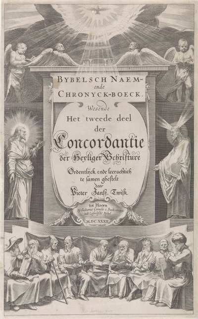 صفحة العنوان لـ "Bijbelsch Naem- en Chronijckboek" ، ١٦٣٢ الاسم التوراتي وكتاب وقائع الأحداث (العنوان على الكائن) بواسطة زكريا كورنيليش.