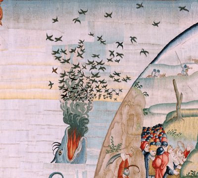 نسيج فلمنكي. سلسلة أربعة منسوجات بعد هيرونيموس بوش. محن الحياة البشرية (Tribulaciones de la vida humana). النسيج الثالث في السلسلة. نموذج مستوحى من عمل هيرونيموس بوش. ورشة تصنيع غير معروفة ، بروكسل. قبل عام 1560 بواسطة هيرونيموس (بعد) بوش