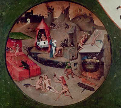 منضدية الخطايا السبع المميتة والأشياء الأربعة الأخيرة ، تفاصيل الجحيم ، حوالي 1480 (زيت على لوح) بواسطة هيرونيموس بوش