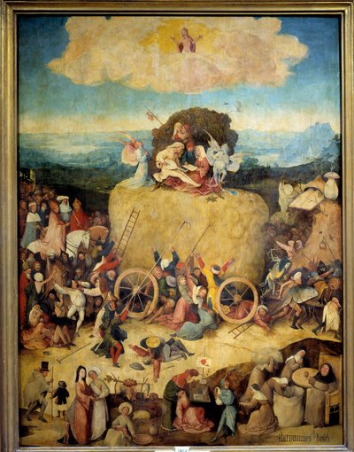 عربة Allegorie Hay Cart للرجال والنساء الذين يتطلعون إلى تحقيق أقصى استفادة من الوقت الحاضر. لوحة مركزية للتجربة المجازية على الممر ، حاضر هيرونيموس فان أيكن (أكين) المعروف باسم جيروم بوش (1450-1516) ، حوالي عام 1490. مدريد ، متحف برادو بواسطة هيرونيموس بوش