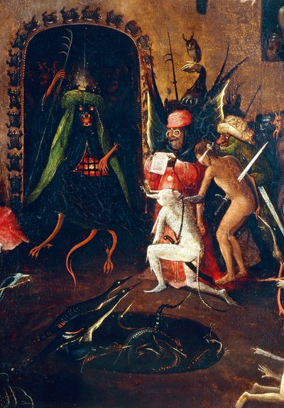 لوحة ثلاثية من يوم القيامة ، اللوحة اليمنى. الجحيم مع وحوش نصف إنسان ونصف حيوان. التفاصيل (الرسم على الخشب ، حوالي 1504) بواسطة هيرونيموس بوش