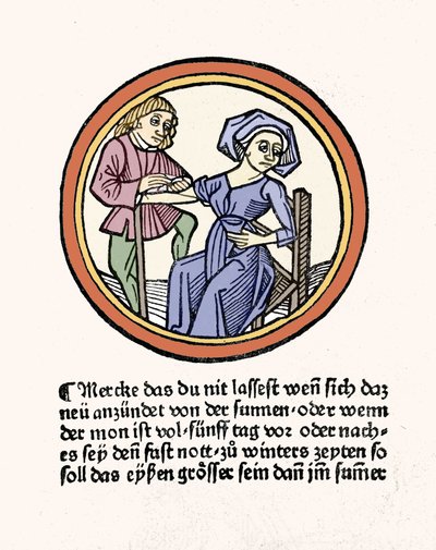 نزيف امرأة. Xylography مأخوذة من "Buch de Surgery" بواسطة Hyeronimus Braunschweig. ستراسبورغ 1497 بواسطة هيرونيموس برونشويغ