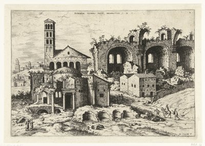 منظر لمعبد رومولوس وكنيسة قسنطينة Rvinarvm Templi Pacis (...) (العنوان على الكائن) الآثار الرومانية (عنوان السلسلة) بواسطة هيرونيموس كوك