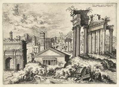 منظر للمنتدى الروماني من مبنى الكابيتول المتغيرات السابقة ، apvd capitolvm rvinis (...) (العنوان على الكائن) الآثار الرومانية (عنوان السلسلة) بواسطة هيرونيموس كوك