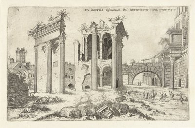 Gezicht op het Forum van Nerva Ex incertis qvibvsdam Ro Antiqvitatis Rvinis (...) (العنوان على الكائن) الآثار الرومانية (عنوان المسلسل) بواسطة هيرونيموس كوك