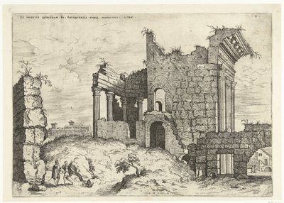 Tweede gezicht op het Forum Nerva Ex incertis qvibvsdam Ro Antiqvitatis rvinis (...) (العنوان على الكائن) الآثار الرومانية (عنوان المسلسل) بواسطة هيرونيموس كوك