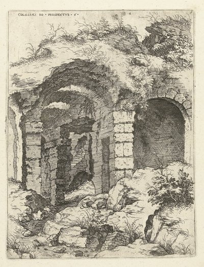 المنظر السادس للكولوسيوم في روما Colossæi إلى البحث مقابل 6 (العنوان على الكائن) الآثار الرومانية (عنوان السلسلة) بواسطة هيرونيموس كوك