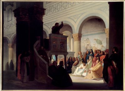 مشروع سافونارول (1452-1498) في سان مينياتو في فلورنسا. جيروم سافونارول ، باللغة الإيطالية جيرولامو سافونارولا (1452-1498) ، شقيق الدومينيكان والمتنبئ الإيطالي الذي يدير فلورنسا من 1494 إلى 1498. لوحة لهيبوليت فلاندرين (1809-1864) بواسطة هيبوليت فلاندرين