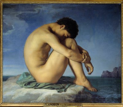شاب عاري يجلس بجانب البحر المفكر في وضع التراجع (التأمل). لوحة رسمها هيبوليت فلاندرين (1809-1864) 1836. زيت على قماش. الشمس. 0،98x1،24 م - شاب عاري يجلس على حافة البحر. المفكر في وضع الجنين ، سبات من الحماية بواسطة هيبوليت فلاندرين