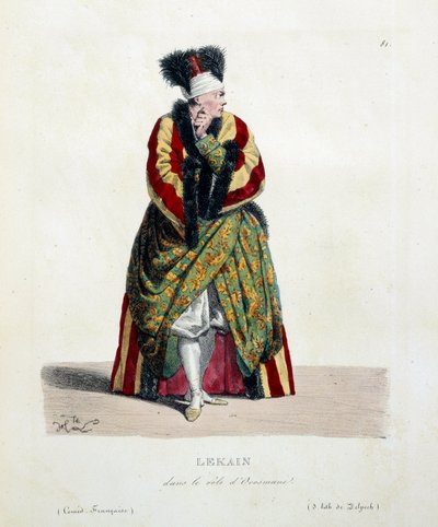 دعا الممثل الفرنسي هنري لويس كاين Lekain أو Le Kain (1729-1778) في دور Orosmane في مسرحية فولتير زائير (1694-1746) في الكوميديا الفرنسية. الطباعة الحجرية بواسطة Hippolyte Lecomte (1781-1857) مجموعة خاصة من القرن التاسع عشر بواسطة هيبوليت ليكومت