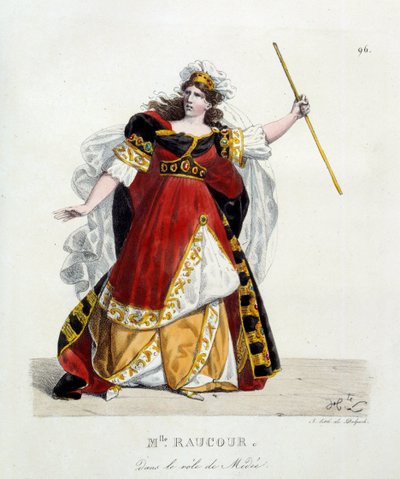 الممثلة الفرنسية مادموزيل راوكورت (توفت عام 1815) في دور ميدي في الكوميديا الفرنسية. الطباعة الحجرية بواسطة Hippolyte Lecomte (1781-1857) بواسطة هيبوليت ليكومت