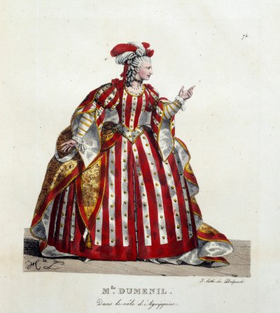 قامت الممثلة الفرنسية ماري فرانسواز مارشان بدور مادموزيل دومسنيل (1713-1803) بدور أغريبين في قطعة "بريتانيكوس" للمخرج جان راسين (1639-1699) في الكوميديا الفرنسية. الطباعة الحجرية بواسطة Hippolyte lecomte (1781-1857). مجموعة خاصة بواسطة هيبوليت ليكومت