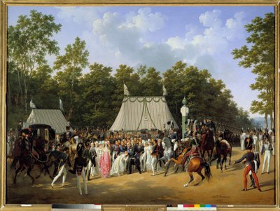 الملك لويس الثامن عشر (1755-1824) يستقبل ماري كارولين فرناندي لويز من نابولي ، دوقة بيري المستقبلية ، في غابة فونتينبلو ، عند صليب سانت هيرم بواسطة هيبوليت ليكومت