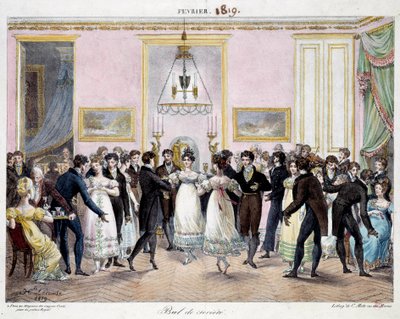 Societe ball في باريس في متجر الطباشير كونتي ، Place du palais royal في فبراير 1819 ، الطباعة الحجرية بواسطة Hippolyte Lecomte (1781-1857) 1819. باريس ، متحف كارنافالي بواسطة هيبوليت ليكومت