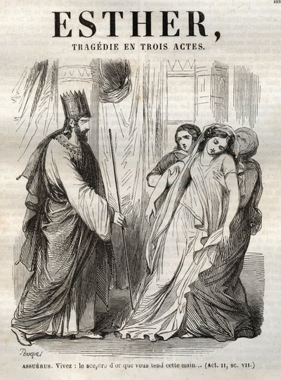 مشهد من إستير ، مأساة لجان راسين (1639-1699) - نقش في "" أعمال جان راسين "بتوضيح بوكيه وإشعار بقلم إميل دي لا بيدوليير - 1851 بواسطة هيبوليت لويس باوكيه