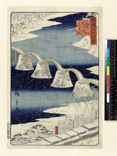 جسر Kintai في الثلج ، من سلسلة "Shokoku Meisho Hyakkei" ، (طباعة لوحة خشبية ملونة باليد) بواسطة هيروشيغي الثاني