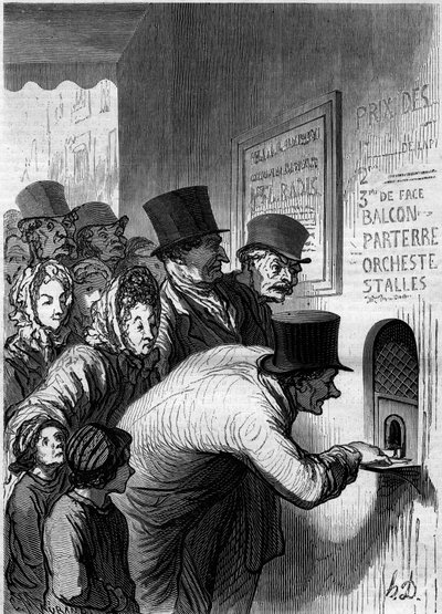 نافذة المسرح. كارتون من قبل هونور دومير (1808-1879). نقش في "" Le Monde Illustré "" رقم 269 بتاريخ 7 يونيو 1862. بواسطة الشرف دومييه