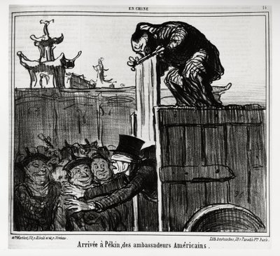 وصل إلى بيكين السفراء الأمريكيون. في سلسلة En Chine ، رسم إيضاحي من قبل Honore Daumier (1808-1879) ، نُشر في "" Charivari "، بتاريخ ١٣ أكتوبر ١٨٥٩. بواسطة الشرف دومييه