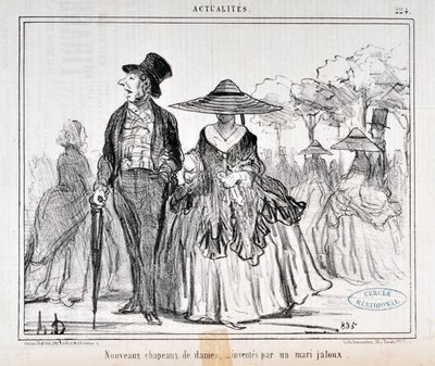 عمل فني من قبل Honore Daumier (1808-1879) يعود تاريخ Charivari إلى عام 1855: قبعات السيدات الجديدة "" ، اخترعها زوج غيور "" MUSEE DES BEAUX ARTS - PALAIS LONGCHAMP ، MARSEILLE بواسطة الشرف دومييه