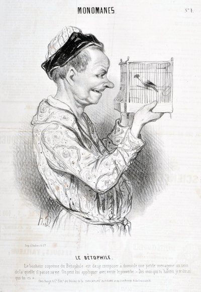 عمل فني من قبل Honore Daumier (1808-1879) يعود تاريخ Charivari إلى عام 1840: Serie MONOMANES Le Betophile "" السعادة القصوى ل Betophile هي تكوين حديقة صغيرة في المنزل يقضي فيها حياته. المثل "قل لي من تطارد سأخبرك من بواسطة الشرف دومييه