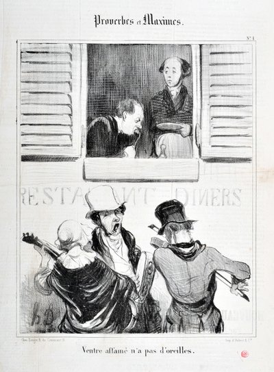 عمل فني من قبل هونور دومير (1808-1879). يعود تاريخ Charivari إلى عام 1840: Serie PROVERBS ET MAXIMES "" الجوع في البطن ليس له آذان "" "MUSEE DES BEAUX ARTS - PALAIS LONGCHAMP ، MARSEILLE بواسطة الشرف دومييه