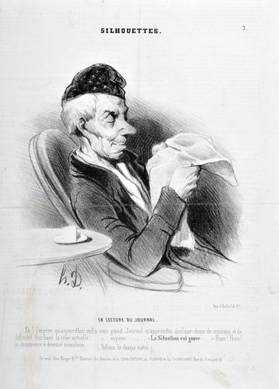 عمل فني من قبل هونور دومير (1808-1879). يعود تاريخ Charivari إلى عام 1840: سلسلة SOUXETTES "" قراءة الجريدة "MUSEE DES BEAUX ARTS - PALAIS LONGCHAM بواسطة الشرف دومييه