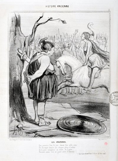 العمل الفني من قبل Honore Daumier (1808-1879) يعود تاريخ Charivari إلى عام 1842: Serie HISTORIE ANCIE Les Amazones. "" في أول حريق في ذلك اليوم ، قبل ملكتهم النبيلة ، شوهدوا يروضون خيولًا مليئة بالحماسة. واستقبل الشاب الفائز في منتصف الساحة بواسطة الشرف دومييه