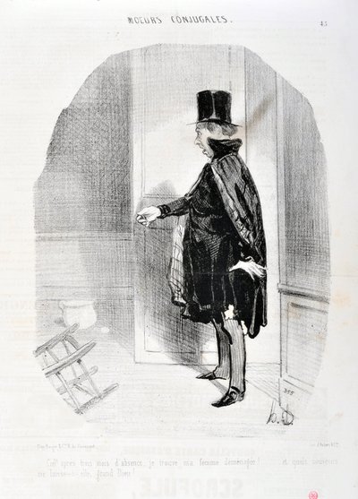 عمل فني من قبل هونور دومير (1808-1879). يعود تاريخ Charivari إلى عام 1842: Serie MORES CONJUALES "" الجنة بعد ثلاثة أشهر من الغياب أجد زوجتي demenagee وما هي الذكريات التي أغسلها إلهها العظيم! "" متحف الفنون الجميلة - قصر لونغ تشامب ، م بواسطة الشرف دومييه