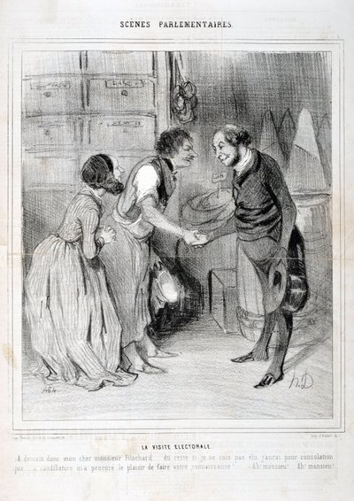عمل فني من قبل هونور دومير (1808-1879). يعود تاريخ Charivari إلى عام 1843: Serie SCENES PARLIAMENTARY. زيارة الانتخابات. متحف الفنون الجميلة - قصر لونغ تشامب ، مارسيلي بواسطة الشرف دومييه