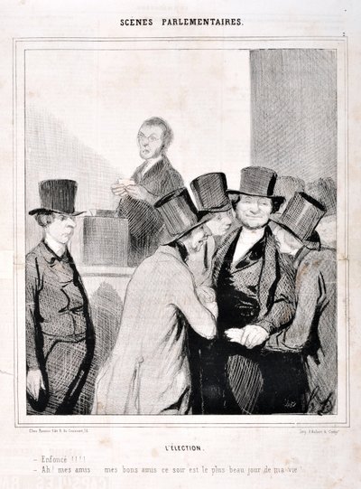 عمل فني من قبل هونور دومير (1808-1879). يعود تاريخ Charivari إلى عام 1843: Serie SCENES PARLIAMENTARY. الانتخابات "" تسبح !!! "آه يا أصدقائي أصدقائي المقربين الليلة هي أكثر يوم في حياتي!" متحف الفنون الجميلة - قصر لونغ تشامب ، مارسيلي بواسطة الشرف دومييه